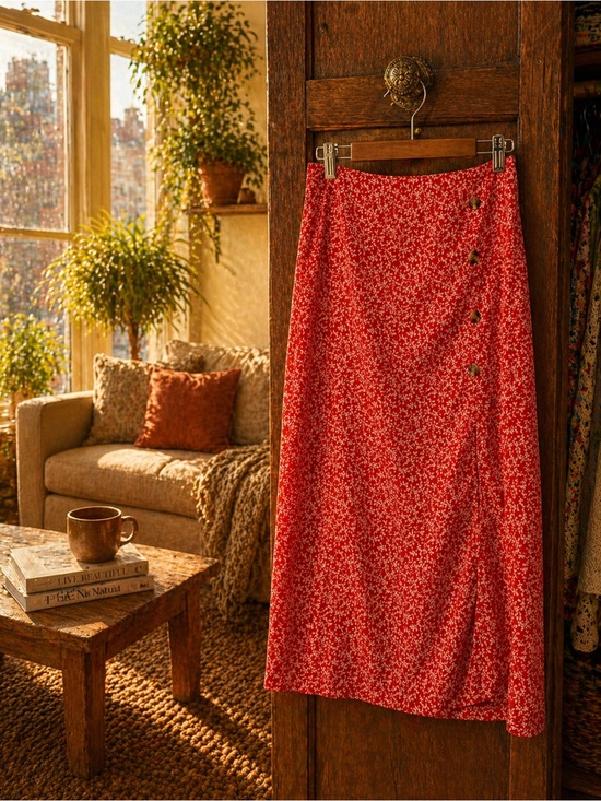 Other Dresses & Skirts - Red Floral Midi Skirt | Lightweight Summer Skirt | Size M